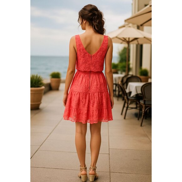 As U Wish NWT 13 Flirty Tiered Coral Lace Dress Open Back Detail Fit Flare Style - Picture 5 of 15